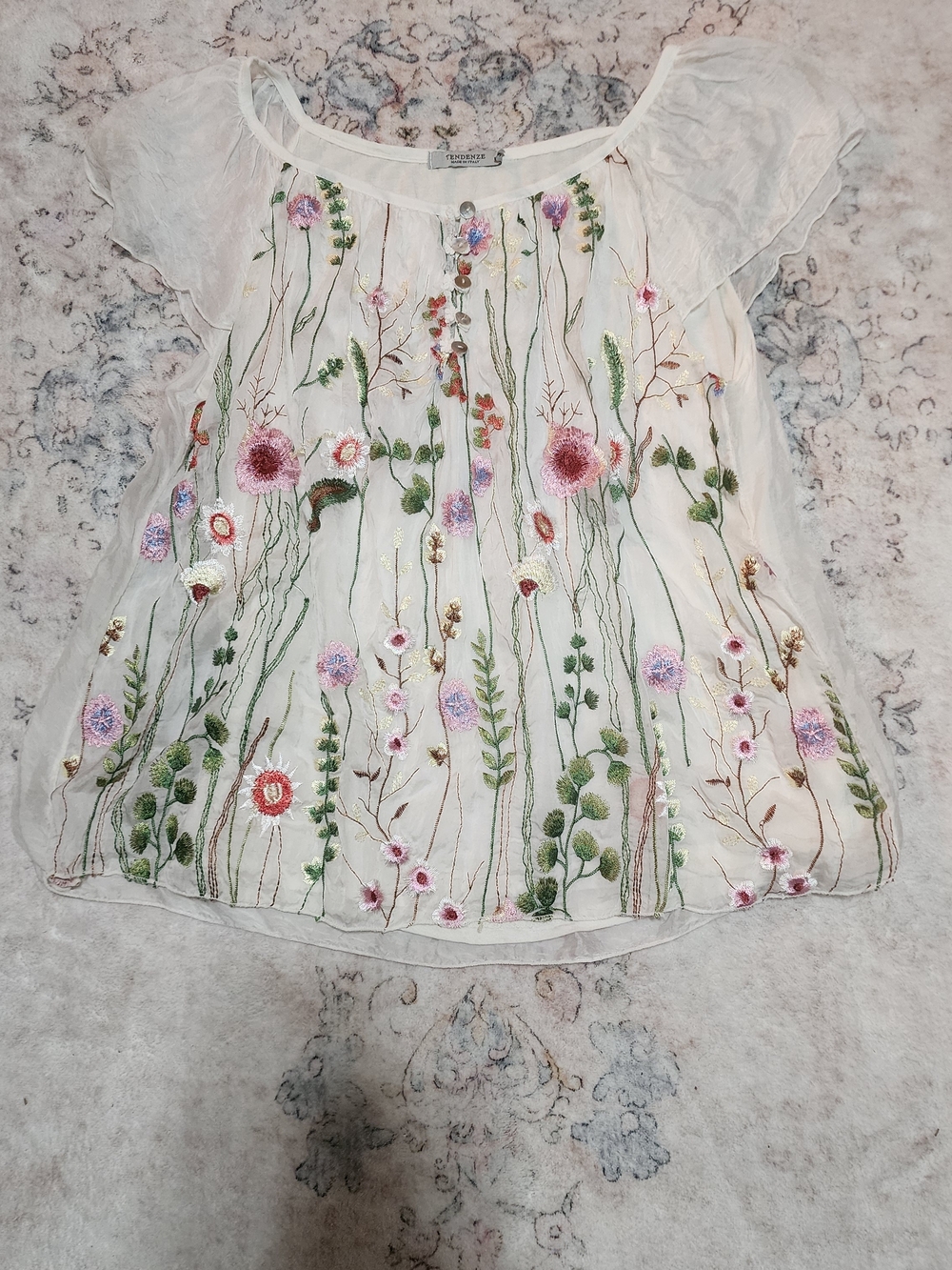 Sheer White Floral Embroidered Silk Peasant Blouse
